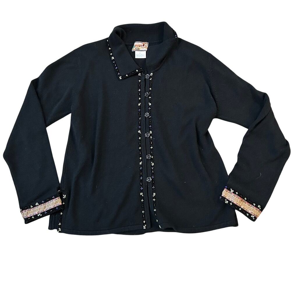 Y2K April Cornell Cardigan Sweater Womens Medium Black Beaded Floral Buttons